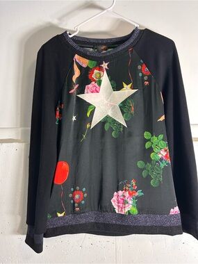 Cynthia Rowley Black Floral Star Sweatshirt with Metallic Star Detail